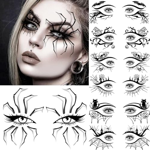 7 Blatt Lidschatten Halloween Temporäre Tattoos Damen Herren Kinder Erwachsene, Halloween Augen Gesicht 3D Spinnennetz Tattoo Aufkleber, Katzen Zombie Totenkopf Fledermaus Eyeliner Fake Tattoos