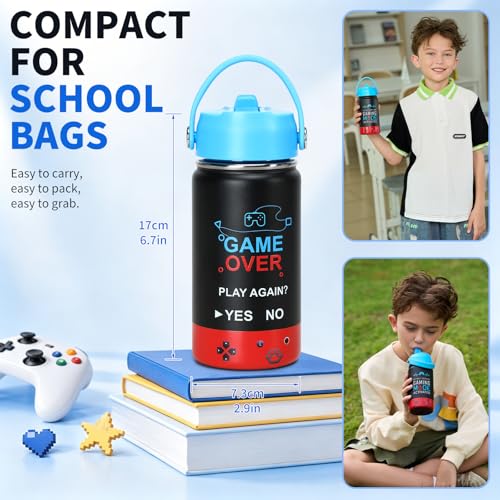 Image of Kids Insulated Water Bottle with Straw Lid, 14oz Double Wall Vacuum Stainless Steel Tumbler, Leak Proof Reusable Metal School Cup for Boys Girls, Keep Cold 24H Hot 12H (Blue-Red-GAME(Pack 2))