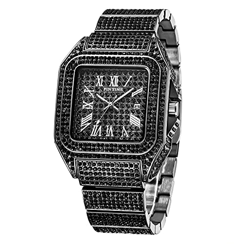 PINTIME Mens Full Iced Out 43mm Big Face Bling Luxury Crystal Square Watches Fashion Hip Hop Jewelry Watch for Men, Black, luxury (B07Z3RM2GN) Amazon Price History, Amazon Price Tracker