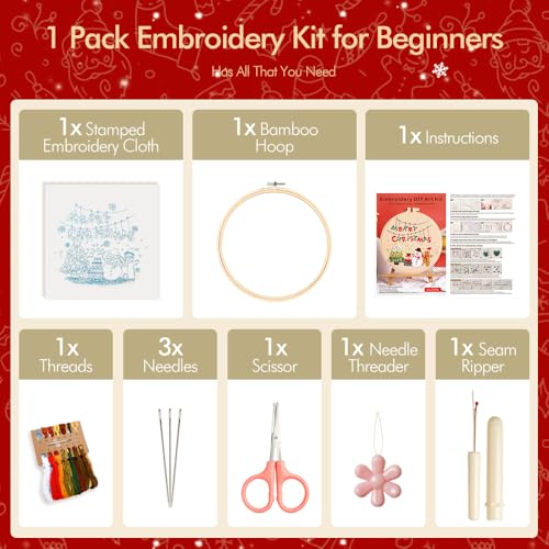Image of wtisan Christmas Embroidery Kit, Cross Stitch Kits for Beginners, Needlepoint with All Tools & Instructions, Stamped Hand Embroidery Starter Kit for Holiday Crafts & Xmas Home Decor, W17