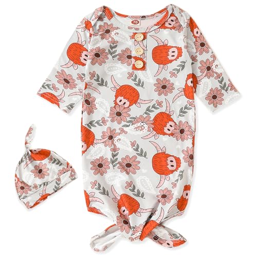 Image of AMAWMW Newborn Baby Boys Girls Cartoon Sleeper Gown Long Sleeve Mountain Nightgown Hat Outfits