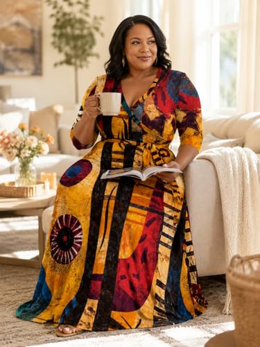 Image of SUZONANA Plus Size Maxi Dresses for Curcy Women Casual Loose 3 /4 Sleeve Long Dress with Belt