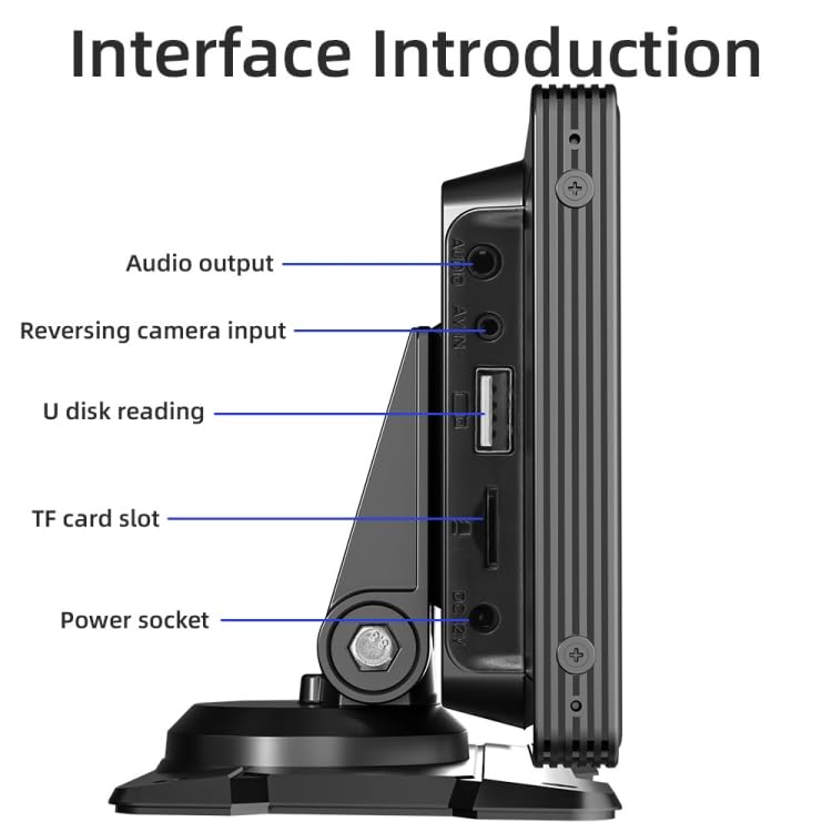 Gede view of ELECTROPRIME B5303 showing ports: Audio output, Reversing camera input, U disk reading, TF card slot, Power socket