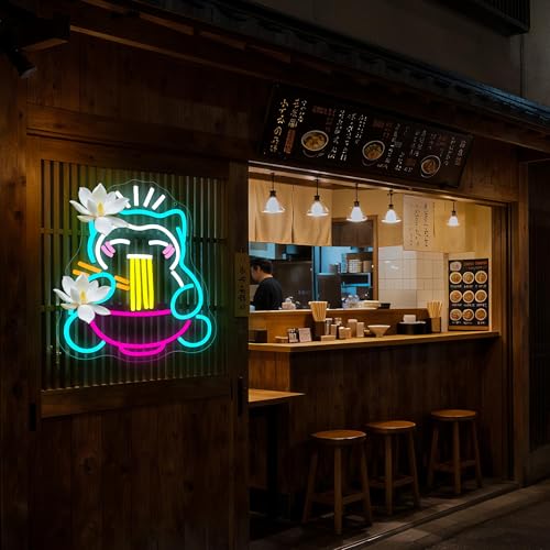 Image of Ramen Neon Sign for Wall Decor Ramen Neon Light for Man Cave Dimmable Cartoon Cute Bear Noodle LED Light Up Sign For Restaurant Home Bar Kitchen Dinning Room Cafe Birthday Gifts Size 13.7*12.1In(P339)