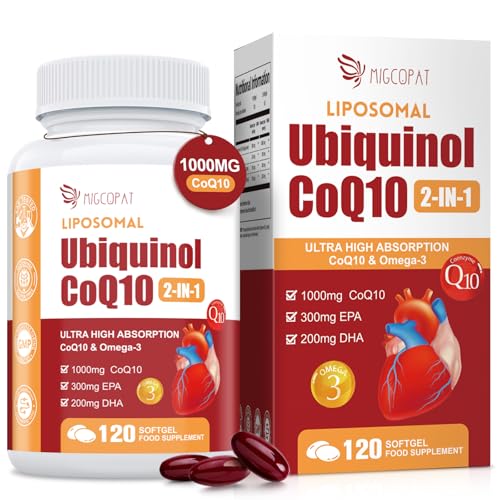 1000mg Liposomal CoQ10 Ubiquinol with Omega-3 Softgels Advanced Coenzyme Q10 High Strength & Absorption Naturally Fermented CoQ10 Supplement for Antioxidant Heart & Energy Support - 120 Count