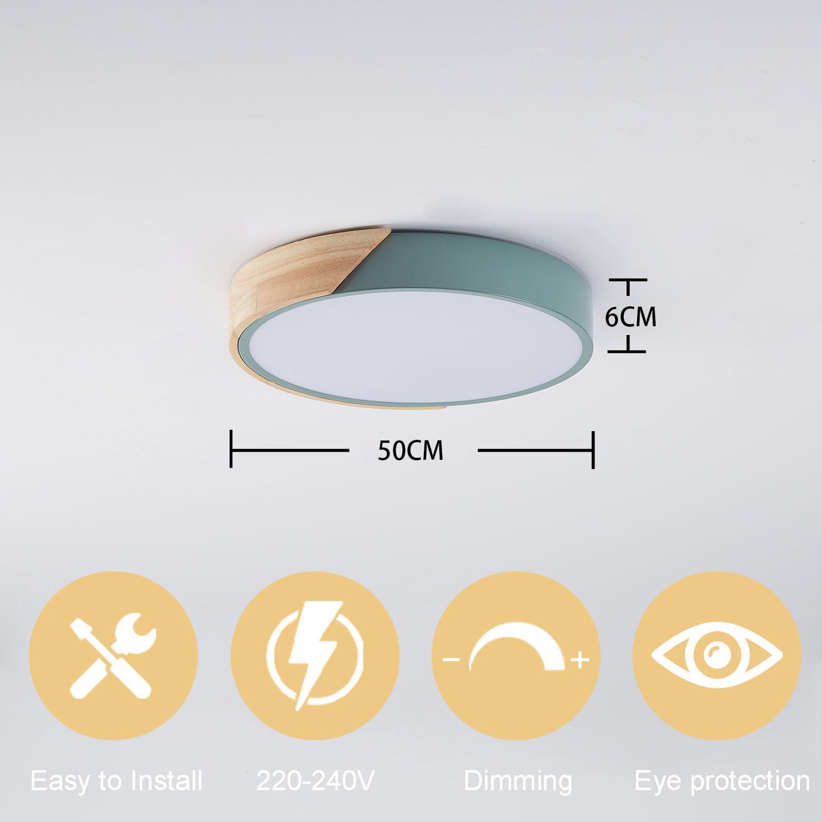 Plafoniera Led Soffitto,50cm plafoniere a filo in legno dimmerabili, plafoniera per soggiorno, camera da letto, cucina, salotto, corridoio (Verde 50cm)