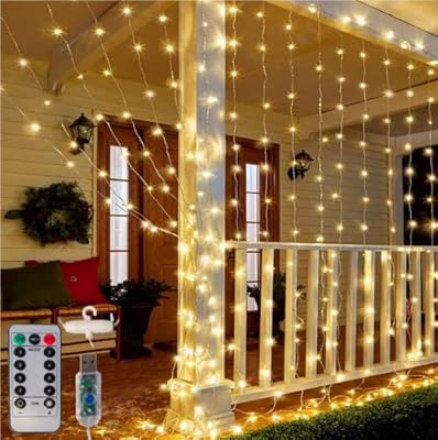 Indoor Led Window Curtain Copper String Lights 300 LED 8 Modes USB with Remote for Home Room Bedroom Wedding Party Christmas Window Wall Decorations,Room Decor(Warm White)