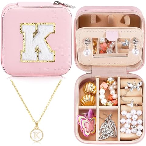 URSKYTOUS Teacher Appreciation Gift for Women 2024 Travel Jewelry Case Initial Jewelry Organizer Small Jewelry Box Personalized Back to School Gift Trendy Stuff Necklace Earrings Ring Box (Pink K) Cover