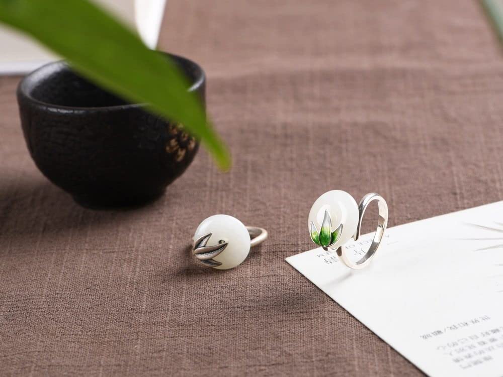 Ring Aus 925Er Sterlingsilber, 925 Sterling Silber Frauen Hetian Jade Amulett Verstellbare Ringe Bambusblatt Retro Ethnische Verstellbare Ringe Energie Charme Hochzeit Schmuck Geschenke Für Männer