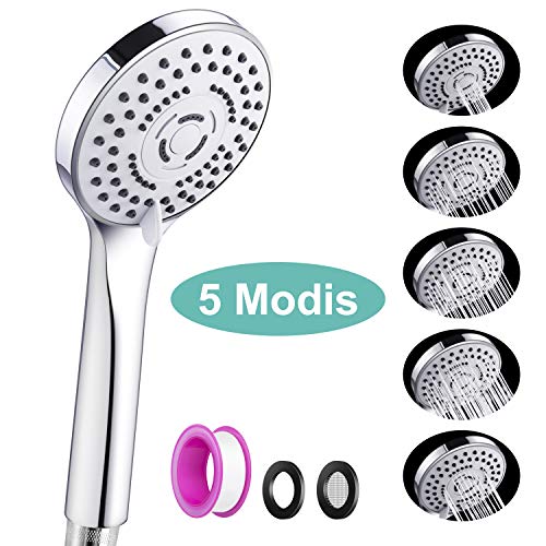 Newdora Duschkopf 5 Strahlarten, Handbrause Chrome mit Leistungsstarkem Duschspray, Duschbrause Hochdruck Wassersparend
