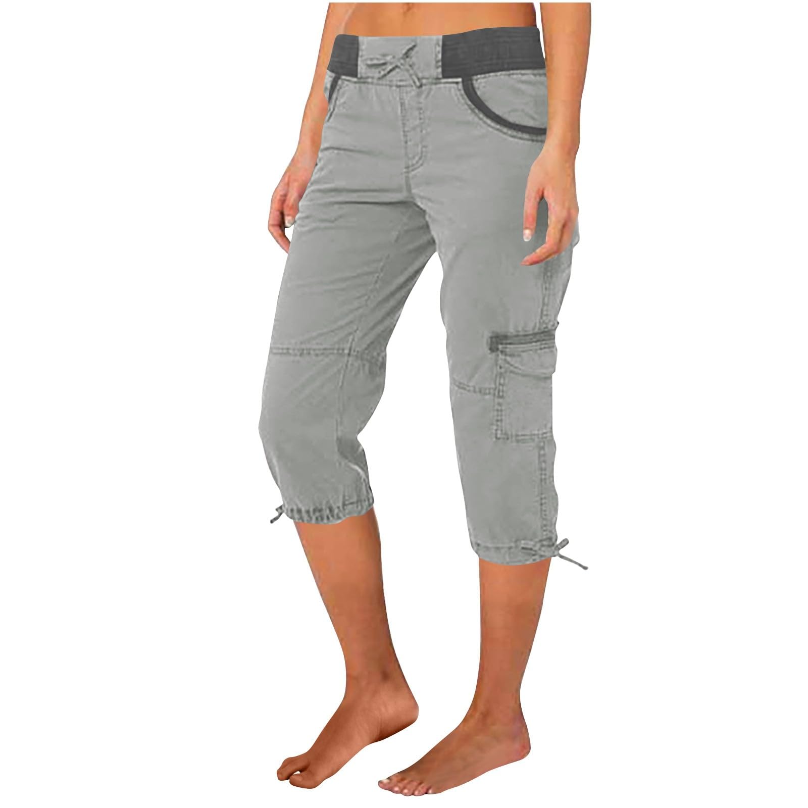 IQYU Pantalones cortos deportivos para mujer, pantalones capri de cintura alta, pantalones cargo holgados, pantalones cortos de algodón y lino, pantalones de senderismo, pantalones chinos anchos y
