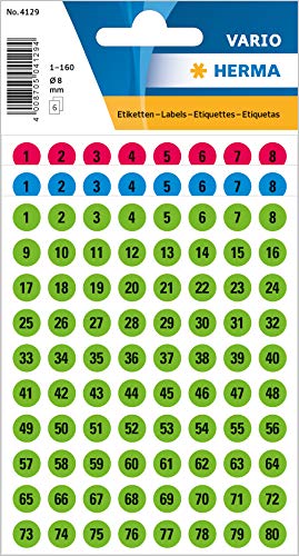 HERMA 4129 pegatinas con números negros del 1 al 160, redondas, 480 unidades, diámetro de 8 mm, autoadhesivas, pequeñas, mate, números adhesivos, números de casa, de papel para pegar, multicolor