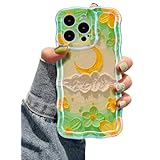 EYZUTAK iPhone 14 Pro用ケース カラフル レトロ 油絵 花 月 パターン レーザー かわいい カーリー ウェーブエッジ 絶妙な 電話ケース スタイリッシュ 丈夫 TPU 保護ケース ガールズ 女性用 - 月/グリーン