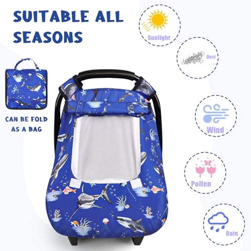 Image of Pea Pod Car Seat Cover Baby, Infant Car Seat Canopy Covers for Newborn with 2 Layers Windows of Breathable Mesh Fabric, Lightweight Polyester /Soft Minky Dot Backing (Ocean)