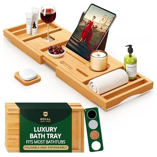 ROYAL CRAFT WOOD Bathtub Tray Caddy for Tub, Bamboo Bath Shelf, Premium Foldable Wood Bath Table, Expandable Bathtub & Bathroom Accessories, New Home Gifts for Mom, Housewarming, Anniversary, Wedding