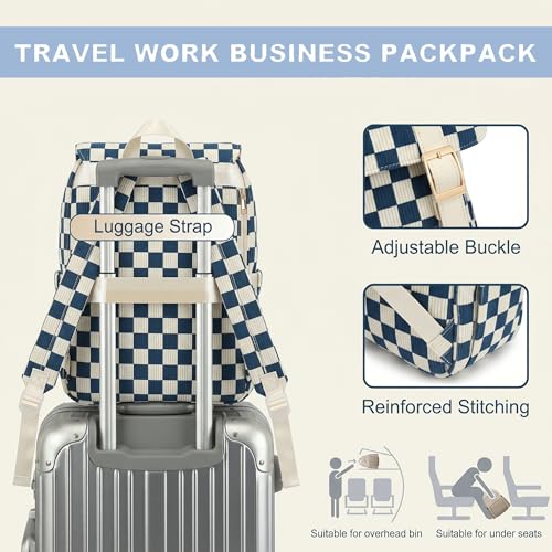 Image of Women Laptop Backpack, Corduroy 15.6 inch Travel Backpack for Work College Business, Teacher Nurse Bag with Large Capacity School Bookbag Bags for Girls - Checkered Navy Blue