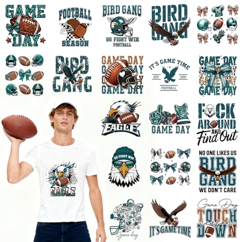 Dazoratix Football Iron on Transfers - 20 Sheets Green Eagle DTF Ready to Press Heat Patches Sport Lover Helmet Bow Vinyl Stickers Decals for T Shirts Clothes Hoodies Pillow Bag DIY Crafts Decorations