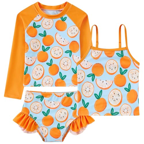 Image of Funnycokid Girls Swimsuit 3 Pieces Long Sleeve Rash Guard Set Tankini Bathing Suits Summer Kids Swimwear 3-10 Years