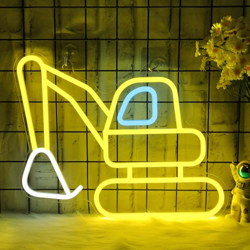 Image of CoolGift Mart Excavator Neon Sign, Vibrant LED Light Decoration, Construction Decor for Boys Room, Bedroom, Playroom, Man Cave - Ideal Gift for Kids and Teens