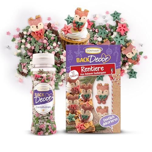 Günthart Backdecor Zuckerdeko Set: 12 Stück Essbare Tortendeko (8 Sterne & 4 Renntiere aus feinem Zuckerguss + Streudekor Candy Rudolph 100g Streusel – für Weihnachten, Plätzchen & Lebkuchenhaus