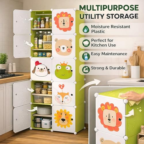 Image of AYSIS Kids Plastic Collapsible Wardrobe Organizer for Storage | Cute Cartoon Design | Heavy Duty Cloth Organizer for Storage | Easy to Assemble | Perfect for Kids Room & Home | Green
