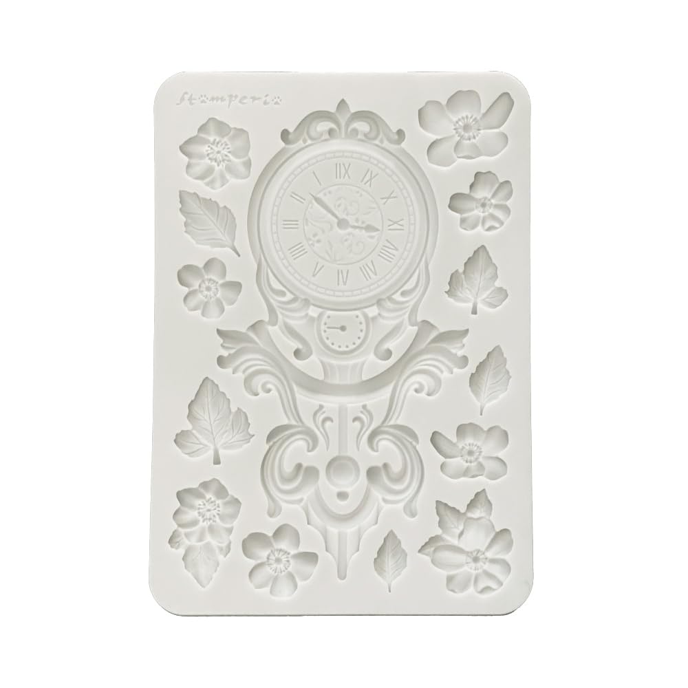 Stamperia - Silicon Mould A5 for Scrapbooks, Bullet Journals and More, Non-Stick Surface, Suitable for Air-Dry Clay, Resin and More, Perfect for Crafts and Gifting (Gardens of Time, Clock and Flowers)