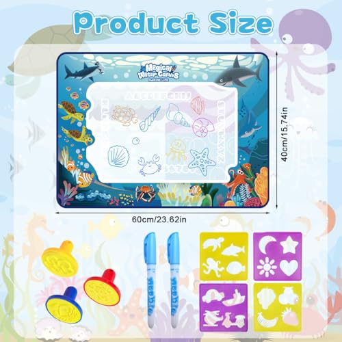 Image of Magic Water Doodle Mat for Kids, Reusable Cartoon Toddler Alphabet Practicing Writing Board with Water-Based Pens, Templates, Guiding Book, Shape Models (60 * 40cm Deep-Sea Animals)