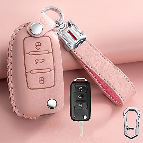 HIBEYO Flip Key Fits Skoda Car Key Case Leather Protective Case for VW Polo Beetle Skoda Superb Octavia Seat Leon 3 Button Remote Key Flip Key Case Key Box Pink - Image 3