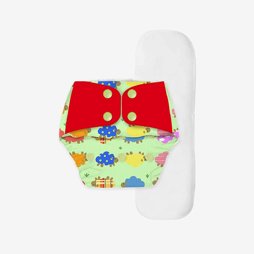 SNUGKINS Regular Cloth Diapers for Babies 3 Months-3 Years (5-17kg) | Washable & Reusable | 1 Cloth Diaper & 1 Wet-Free Microfiber Terry Soaker | Dreamy sheep