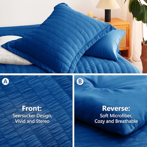 Image of CozyLux Full Size Comforter Sets Classic Blue, 7 Pieces Seersucker Textured Luxury Bed in a Bag, All-Season Bedding Sets with Down Alternative Comforter, Sheets, Pillowcases & Shams, Bedroom Bed Set
