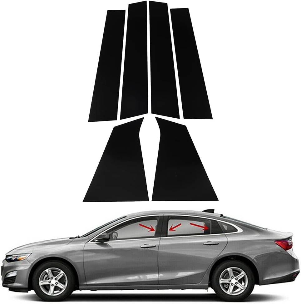 Possbay Polycarbonate Glossy Piano Black Auto Side Door Window Pillar Posts Trim for Chevrolet Malibu 2016 2017 2018 2019 2020 2021 2022 2023 2024, Set of 6