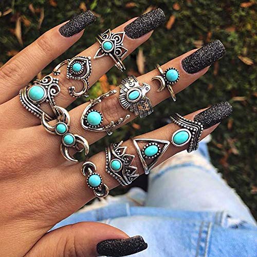 Missgrace Bohemian Stackable Turquoise Bead Rings Vintage Boho Rings Set Stylish Rhinestone Ring Jewelry Gypsy Rings for Women 11 PCS (Style 1)