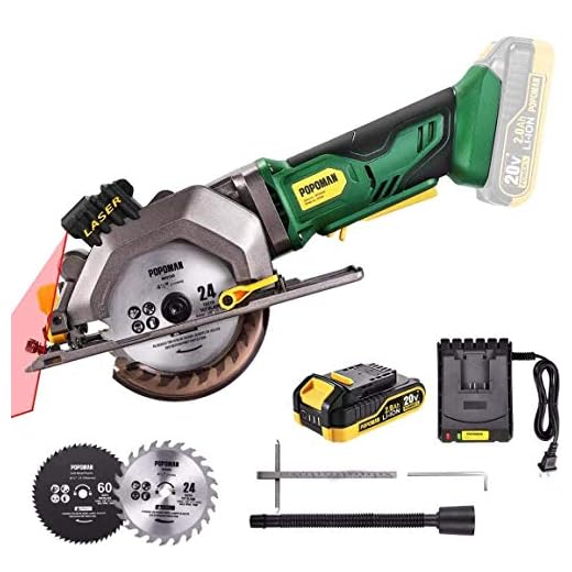 Circular Saw Cordless, POPOMAN 4-1/2" Mini Saw 20V, 1H Fast Charger, 9.5'' Base Plate, One Hand Control, 2.0Ah Battery, Laser Guide, Cutting Depth 1-11/16'' (90°), 1-3/8'' (0°-45°), Wood metal Cuts