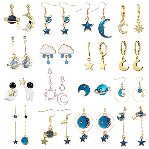 16 Pairs Moon Star Earrings for Women Dangle Earth Planet Asymmetrical Drop Earrings Astronaut Spaceman Stud Earrings Jewelry
