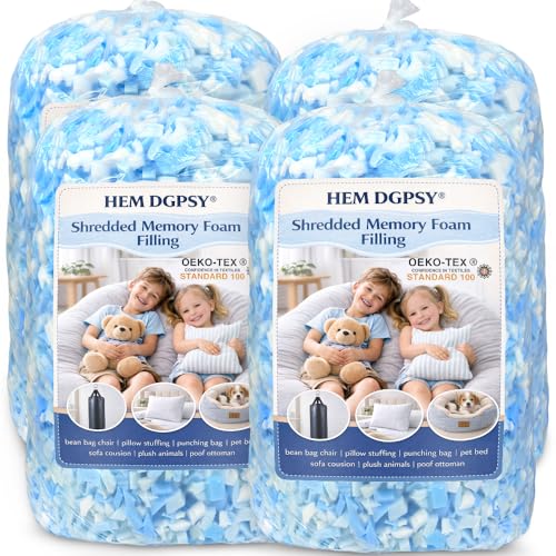 Hem Dgpsy Shredded Memory Foam Filling, Bean Bag Filler Foam Refill Grappling Dummies, Added Gel Particles,20lbs Blue & White Premium Soft Stuffing for Punching Bag Dog Bed Couch Cushions