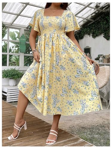 Image of Floerns Women's Plus Size Floral Square Neck Flounce Short Sleeve A Line Maxi Dress
