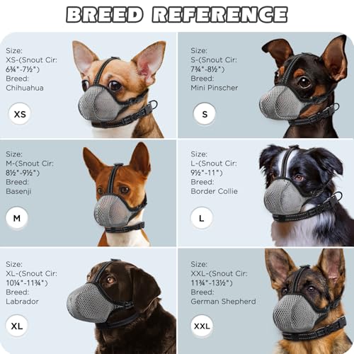 Image of Dog Muzzle,Mesh Soft Muzzle for Small Medium Large Sized Dogs, Breathable Reflective Adjustable Puppy Muzzles with Collar for Scavenging Grooming Biting Chewing,Allows Panting and Drinking(Grey L)