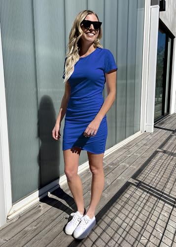 Image of BTFBM Women's Summer Dresses 2026 Casual Bodycon Mini Dress Short Sleeve Crew Neck Ruched Spring Beach Vacation Outfits