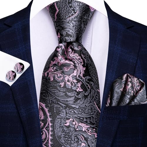 Image of Hi-Tie Paisley Floral Ties Set for Men Silk Mens Stripes Necktie Pocket Square Cufflinks Set Formal Business