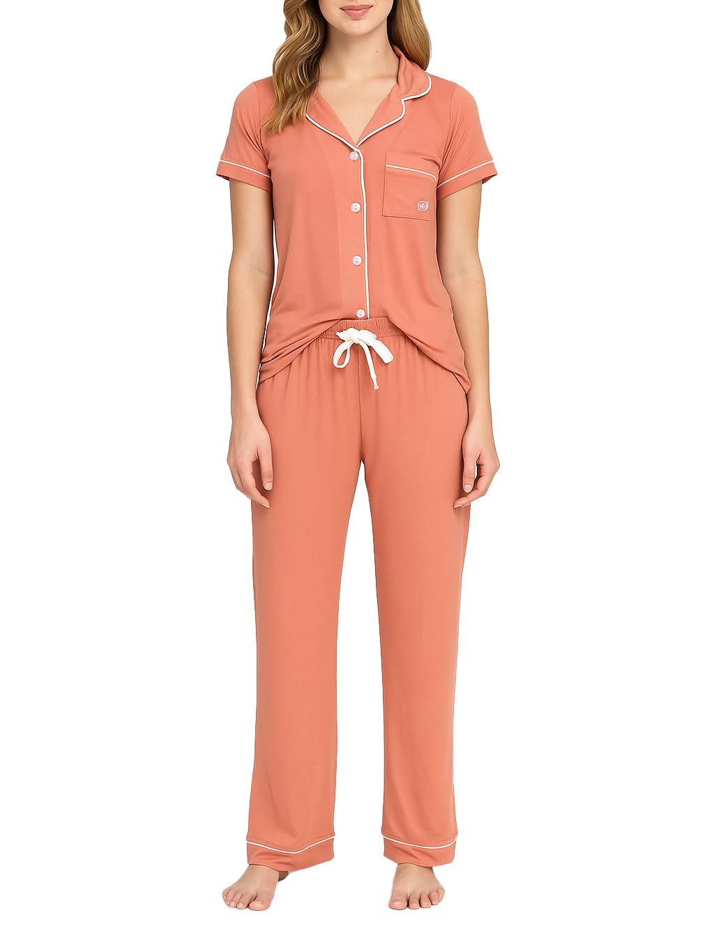 BORN Womens Button Down Pajama Set Short Sleeve PJ Set with Pants Soft Breathable
