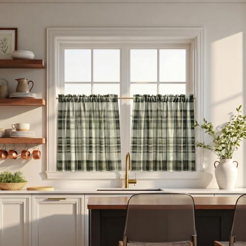 Image of TWOPAGES Rod Pocket Plaid Print Cafe Curtains, Latte, 26W x 45L