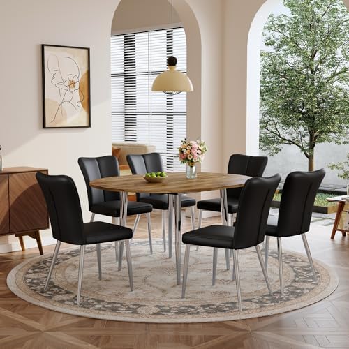 Image of Extendable Round Dining Table Set for 6, 42-54 inch Expandable Dining Table with 6 Upholstered Chairs, Engineered Wood Top, Space-Saving Round Kitchen & Dining Room Table Set(1 Table + 6 Black Chairs)