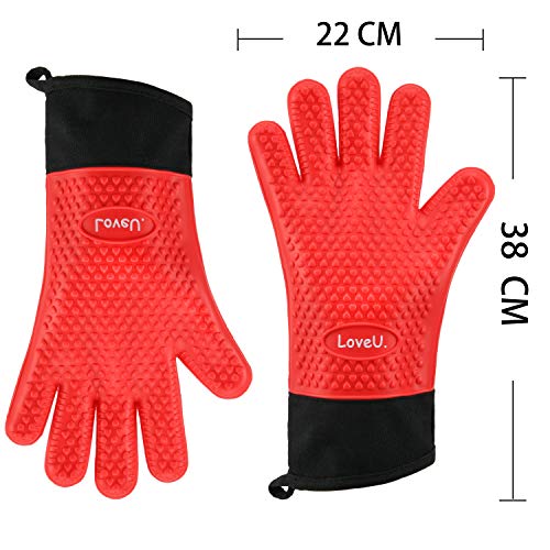 Image of Kitchen Oven Gloves - Dual-Layer Heat Resistant Grilling Gloves, Silicone Oven Mitts with 5 Fingers, Waterproof Non-Slip Pot Holder for Barbecue, Cooking, Baking (XL-XXXL, Red Long)