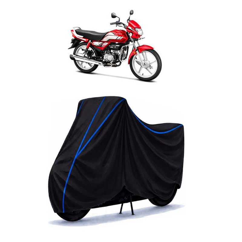 Image of Hero HF Deluxe i3s Bike Cover Water Resistant Universal Motorcycle Rain | Heavy Duty UV Protection, Dust, Scratch Indoor Outdoor All Weather with Black Blue Piping Elastic