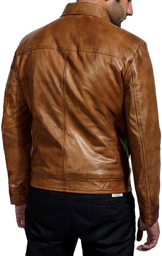 Men’s Vintage Lambskin Leather Trucker Classic Shirt Collar Style Motorcycle Cowboy Jacket2