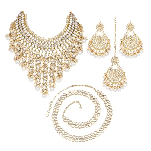 Image of Peora Kundan & Beads Studded Necklace Earrings & Maangtikka Set Ethnic Jewellery for Women & Girls