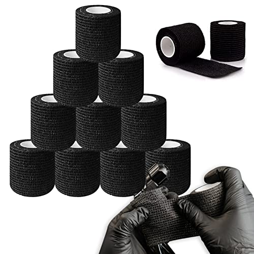 Tattoo Grip Tape - Yangna 12pcs Tattoo Grip Wrap Disposable Cohesive Tattoo Grip Cover 2" x 5 Yards Black Self-Adhesive Bandages Handle Grip Tape Sports Tape