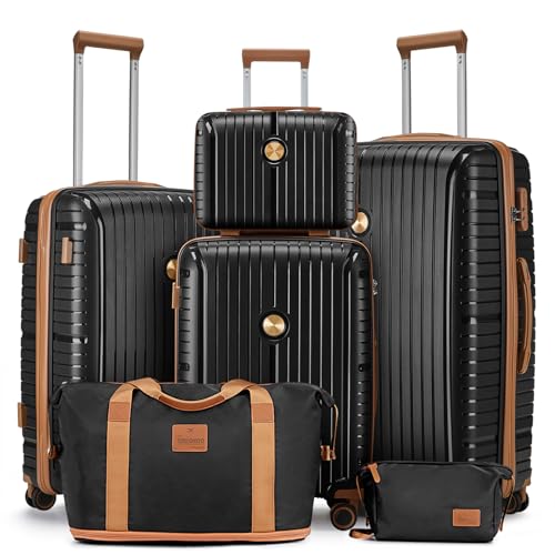 Image of Joyway Luggage Sets 6 Piece PP Hardside Carry on Suitcase with Spinner Wheels and TSA Lock for Travel, Black Brown