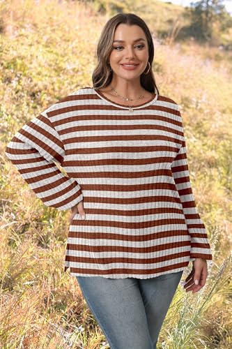 Wiholl Womens Long Sleeve Tops Loose Fit Round Neck Tunic Tops Wear With Leggings Striped Sweaters L thumb #4