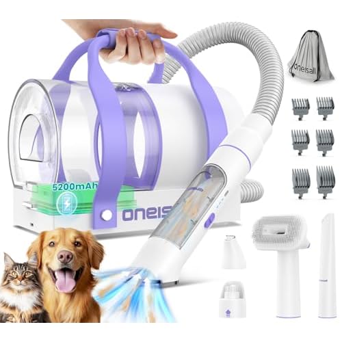 oneisall akku Staubsauger Kabellos Tierhaare, 5200mAh Hundehaarstaubsauger mit Schermaschine, Nagelschleifer, Pfotentrimmer, Hundebürste für Haustiere, Leise Geeignet für innen und außen (Violett)